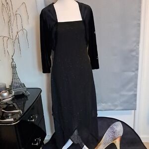 Black Asymmetrical Sheath Dress with Dragon Print Velvet Crop Jacket